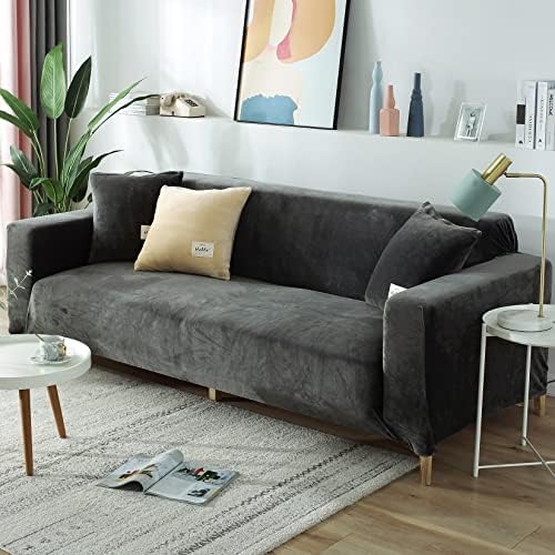 Stretch Sofa Cover Velvet 3 seater, luxurious 1 Piece sofa protectors from pets, Non Slip velvet couch slipcover With Elastic Bottom Washable-3Seater 190-220CM (75-86in)-Dark green