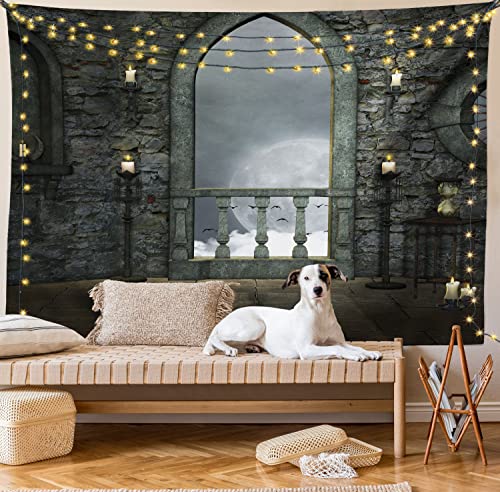 Ambesonne Gothic Tapestry, Full Moon Birds Fantasy Old Castle Balcony Burning Candle Night View Art, Wide Wall Hanging For Bedroom Living Room Dorm, 80" X 60", Reseda Green #TOP7