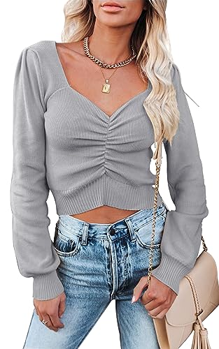 Image of PRETTYGARDEN Fall Long Sleeve Cropped Sweaters for Women 2024 Off The Shoulder V Neck Ruched Ribbed Knit Going Out Tops