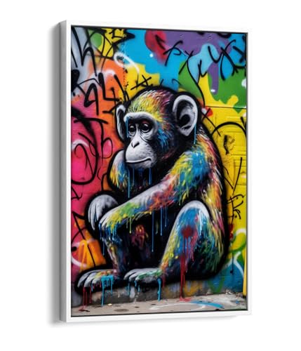 Singe graffiti coloré Banksy sur toile blanche 50x75 cm