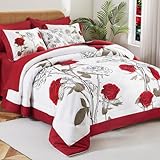 EVENHUG Queen Comforter Set 7 Pieces Lightweight Soft Queen Size Comforters for All Season Red Rose Floral Bedding Sets Bed in a Bag with Flat Sheet and Fitted Sheet Pillowcases (90'x90')