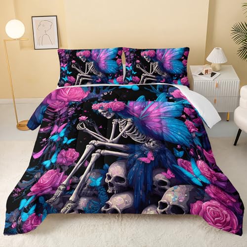 Image of QOOMO Cartoon Skull Kids Comforter Set,Blue Butterfly Bedding Set Twin Size for Boys Girls Room Decoration,Black Bed Set Microfiber Lightweight,1 Comforter 2 Pillowcases