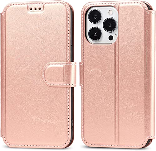 Funda iPhone 14 Pro para evitar arañazos en pantalla mediante tapa de cuero rosa imantada