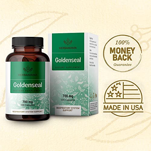 Herbamama Goldenseal Root Capsule Supplement - Organic Goldenseal Herb Powder Pills - Respiratory & Digestive Function - 100 Capsules #TOP6