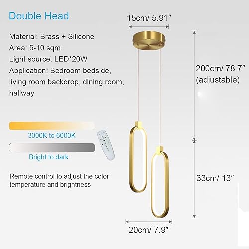 Miniatura 7 de Lámparas colgantes minimalistas para isla de cocina de noche, lámpara colgante de doble cabeza de latón con control remoto regulable, iluminación