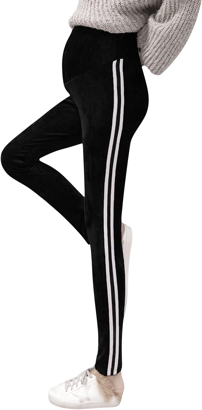 Winter Warm Over Bump Maternity Fleece Lined Velvet Sweatpants for Pregnant Women