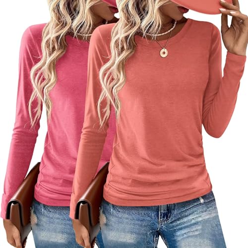 Image of Gihgoew 2 Pack Womens Tops Crewneck Soft Long Sleeve Shirts Fall Clothes Casual Tshirts Basic Tee