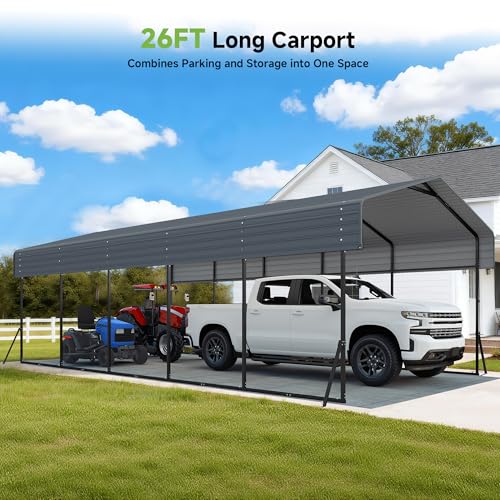 Image of Heavy Duty Metal Carport, 13x26FT Carport Canopy with Galvanized Steel Roof and Reinforced Frame, 2 Support Rods, Outdoor Garage Car Shelter Shade for Cars, Boats and Truck, Party, Gray