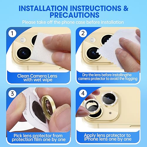 Image of Glass Camera Lens Protector Compatible For Iphone 15 /15 Plus Bling,Individual Metal Diamond Ring 9H Hardness Scratchproof Protector,Stylish Accessories,Case Friendly(Yellow Diamond)