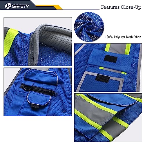 JKSafety 9 Pockets Hi-Vis Safety Vest Breathable Mesh Fabric Cushioned Collar Work Utility PPE Lightweight Industrial Work Gear ANSI/ISEA compliant (101-Blue 3XL)