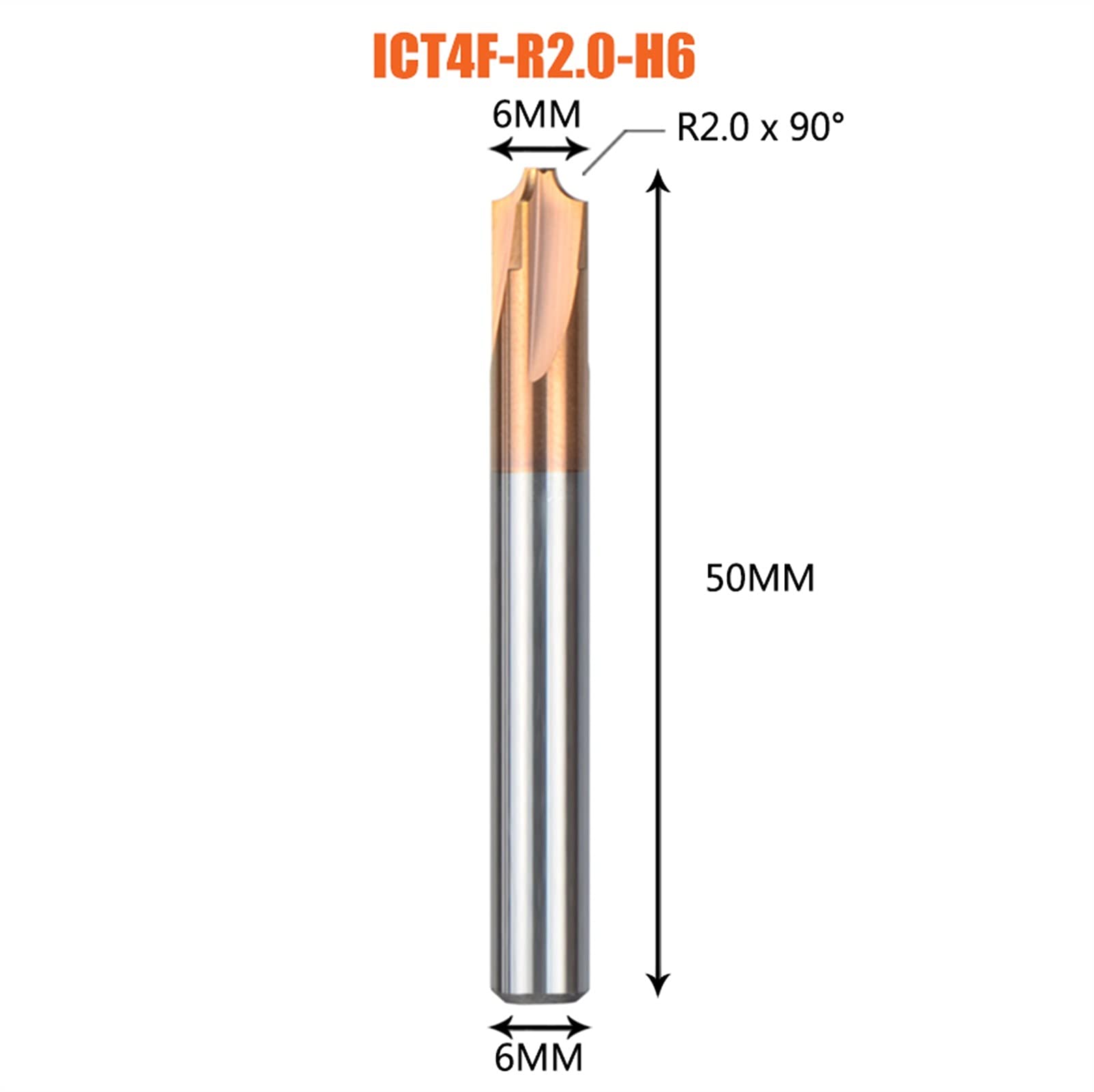Herramienta de chaflán de carburo macizo Cortador de fresado 4 Flauta R0.5 -R5.0 Chaflán enrutador Bit Corner Rounding herramientas de desbarbado Fresas de mango JIYAMI'EN EL (Size : ICT4F R2.0 H6)