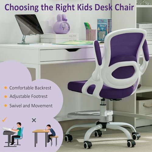 Image of Kids Desk Chair,Ergonomic Study Chair with Adjustable Height,Swivel Mesh Desk Chair with Wheels,Home Office Chair for Children in Home Bedroom Purple