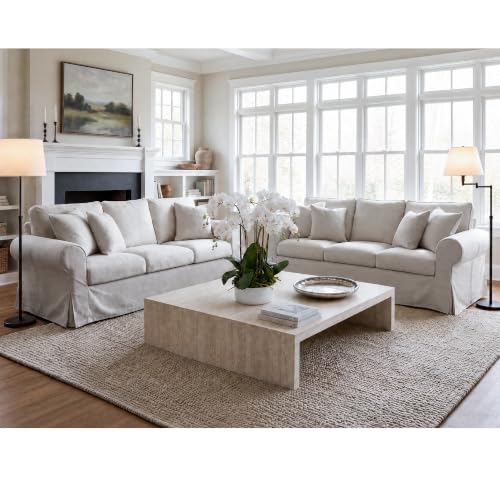 Vorthio 89" Heavy-Duty 3 Seater Couch, Farmhouse Slipcover Sofa, with High Back & Rolled Arms, Soft Breathable Linen-Textured Lawson Couch for Living Room, Set of 2, Greige