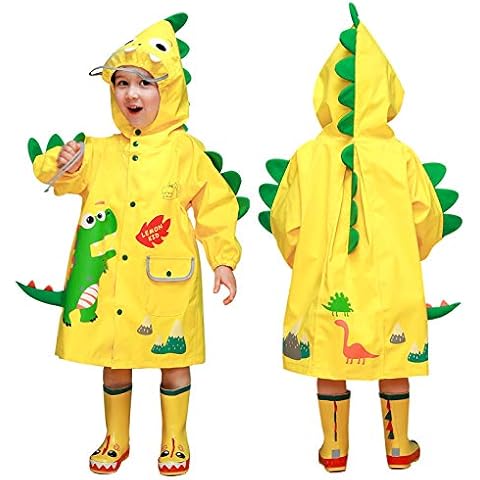 JinBei Poncho Boys Raincoat Kids Waterproof Rain Suit Jacket Cape Hooded Puddle Suit Breathable Lightweight Portable Easy to Dry Cute Dinosaur Rainwear for Children 6-8 Years, Yellow Cover