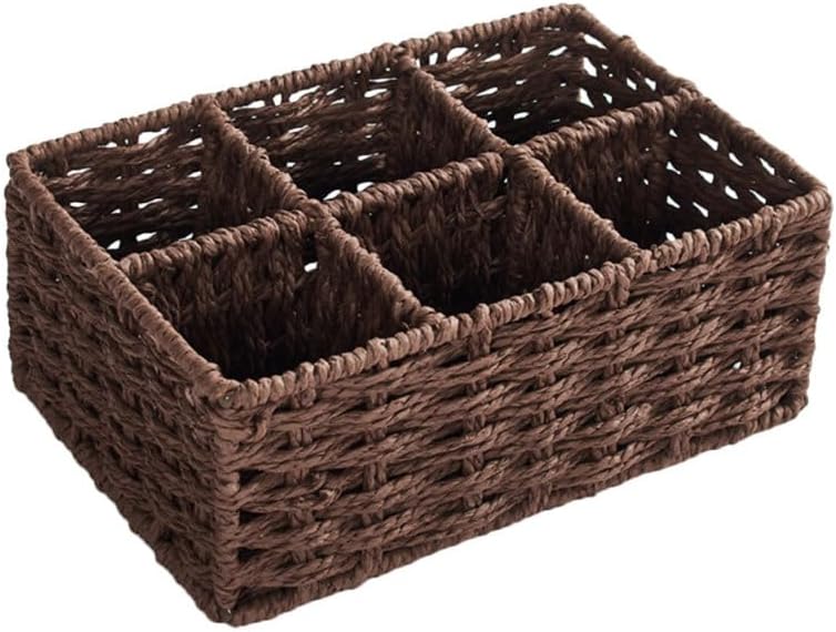 Hemobllo Handmade Woven Six Compartment Storage Basket for Toiletries and Sundries Decorative Organizer for Home Office Bedroom Natural Brown Compartments
