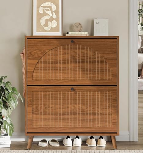 Foyer Narrow Shoe Storage Cabinet with 2 Flip Drawers & Fluted Panel Freestanding Hidden Organizer for Entryway