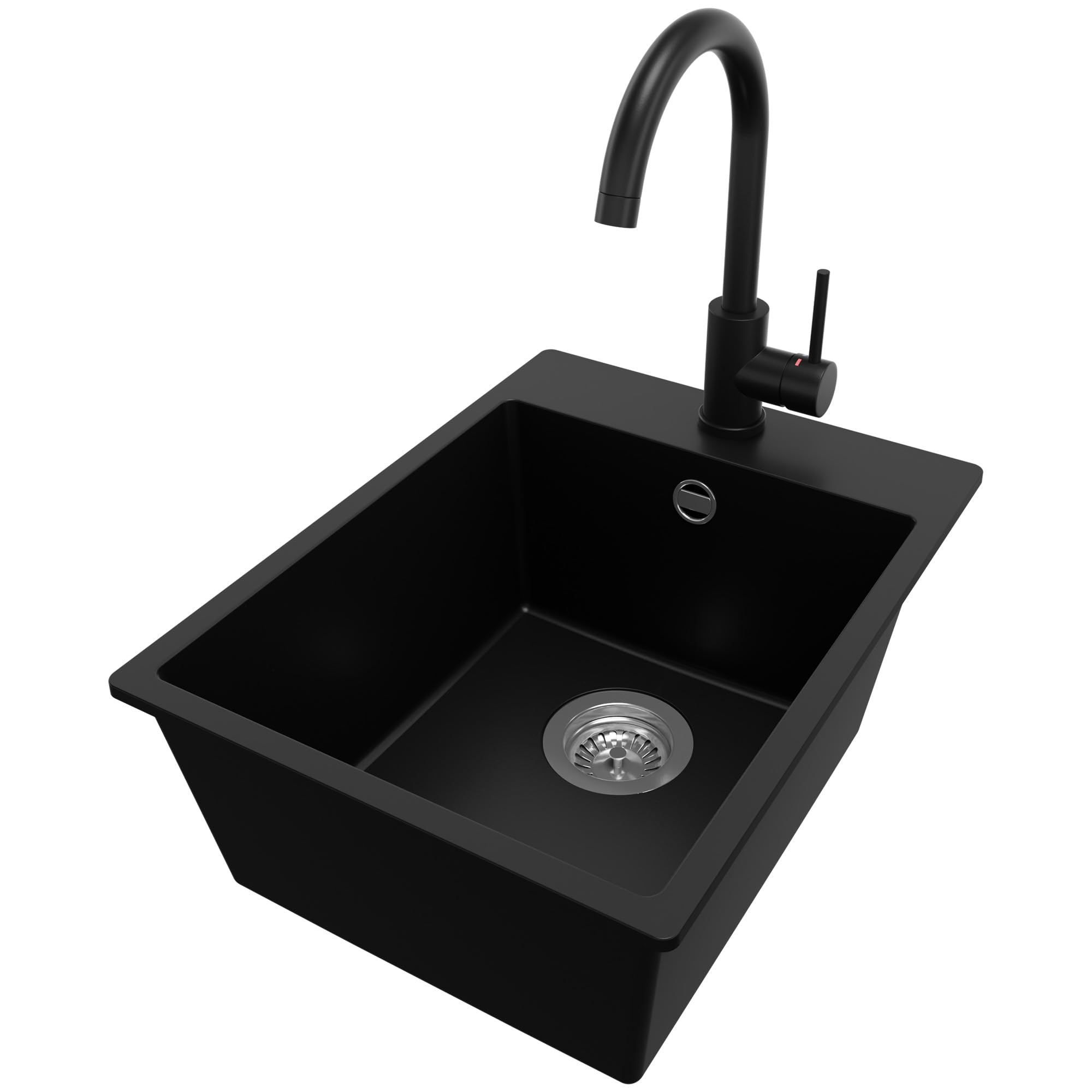 PRIMAGRAN Granitspüle Schwarz 38x50cm, Spülbecken 1 Becken + Küchenarmatur 32x20cm + Ablauf-Set, Küchenspüle ab 40er Unterschrank - Riga S045