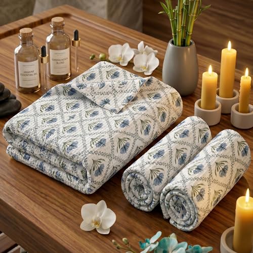 Image of Mafatlal Madhuban Quick Dry Cotton Set (1 Bath 147x76 cm + 2 Hand 76x38 cm) | 250 GSM | Hand Printed Floral | Lolite Color