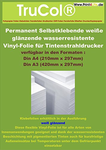 Preisvergleich Produktbild DIN A4 Inkjet Vinylfolie Aufkleberfolie Stickerfolie für Tintenstrahldrucker weiß glänzend selbstklebend, DIN A4 x 20 Blatt