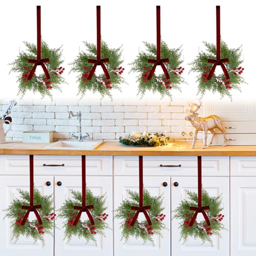 8Pcs Small Christmas Wreaths for Kitchen Cabinets - 9 Inch