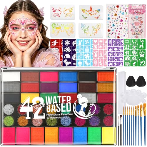 Kinderschminke & Theaterschminke Set Wasserbasis Face Paint & Bodypainting Farben mit Pinseln Schablonen & Zubehör für Karneval Halloween Cosplay Einfach Auftragen & Abwaschbar (A)