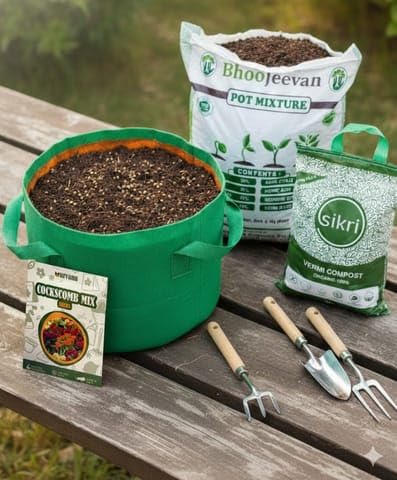 NATURE GARDEN Plants Best Nursery Set of 2 - Cockscomb Mixed Essential Grow Kit - 18 X 9 Inch KIVO Grow Bag + 10Kg Potting Mix + 5 Kg Vermicompost (Brands may vary)-picture-18