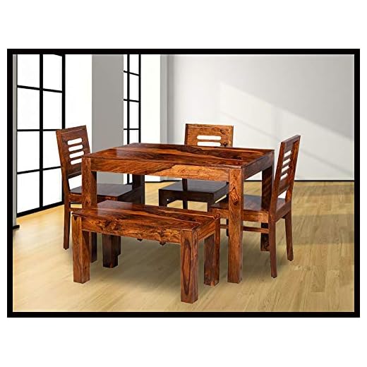 Vinod Furniture Wooden Solid Sheesham Wood Dining Table 4 Seater | Dining Table Set with 3 Chairs & 1 Bench | Home Dining Room Furniture Teak Wood Dining Table 4 Seater | Honey Finish