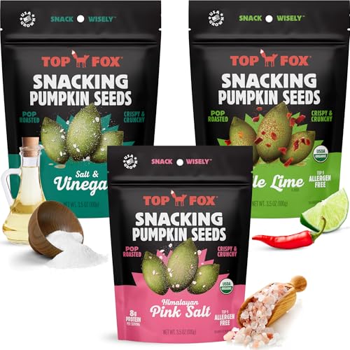 Top Fox Snacks Pumpkin Seeds to Eat Variety (Himalayan Salt, Salt &amp; Vinegar, Chile Lime, 3.5 oz, Pack of 6) - Gluten Free, Protein Snacks, Keto Snacks, Vegan Organic Pop-Roasted, Allergen Free Snacks, Paleo &amp; Vegan