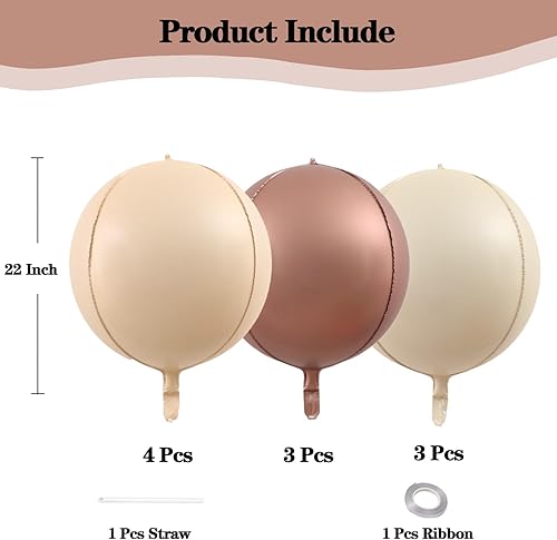 Miniatura 2 de KALOR Globos de 22 pulgadas beige, marrón y crema de papel de aluminio, 10 piezas. Globos grandes 4D gigantes redondos metálicos de papel de