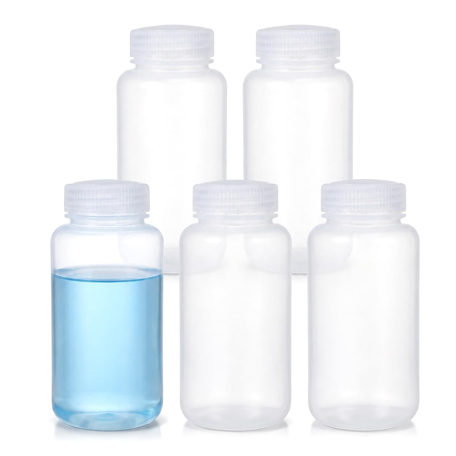 METAPACK 8 oz/250 ml Wide Mouth Plastic Bottles with Airtight Lids, Food Grade PP Sample Containers, Leakproof for Water, Lab Liquids, Medicine and Powder Storage, Clear, 5 Pack