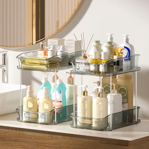 Image of Delamu 2-Tier Under Sink Organizers and Storage, Multi-Purpose Stackable Bathroom Cabinet organizers, Pull Out Kitchen Pantry Organization and Storage with Dividers(4 Pack, Grey)