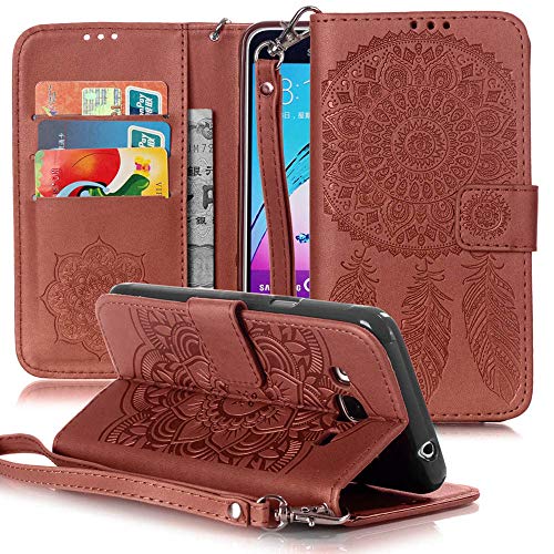 Galaxy J3 (2016) Case, Galaxy Amp Prime Case, Galaxy Express Prime Case, Galaxy Sol Case, JanCalm [Wrist Strap] Premium PU Leather [Multi Card/Cash Slots] Stand Flip Cover with Pen (Brown)