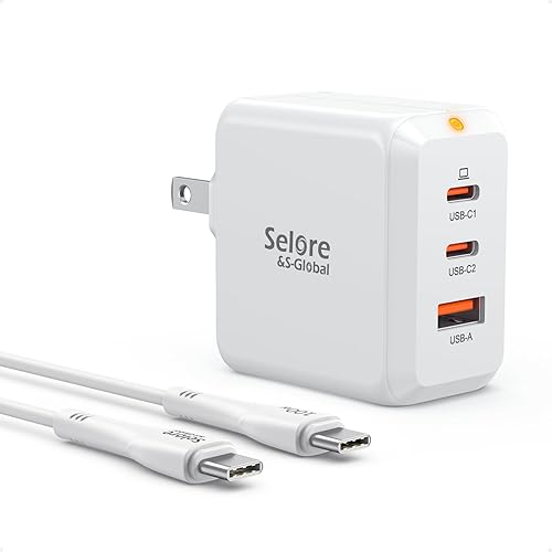 SELORE - Bloque de cargador USB C de 67 W, bloque de carga rápida plegable GaN, adaptador de cargador de pared de 3 puertos con cable USB-C para