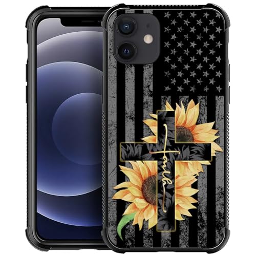 ilikediy Case for iPhone 12/12 Pro W USA Flag Faith Sunflower Pattern Design Case for Women Girls Men Soft TPU Bumper Hard PC Back Anti-Fall Shockproof Protective Slim Cover