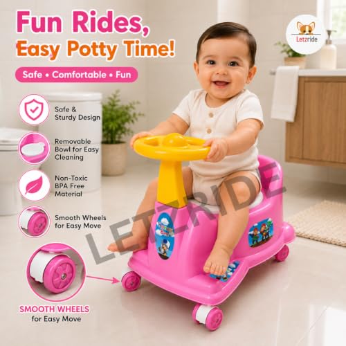 Image of Baby Potty Training Seat with Wheels & Steering | Ride On Potty Chair for Toddlers | Removable Bowl, BPA Free, Non-Toxic, Portable Toilet Trainer for Boys & Girls 6 Months to 3 Years | Pink