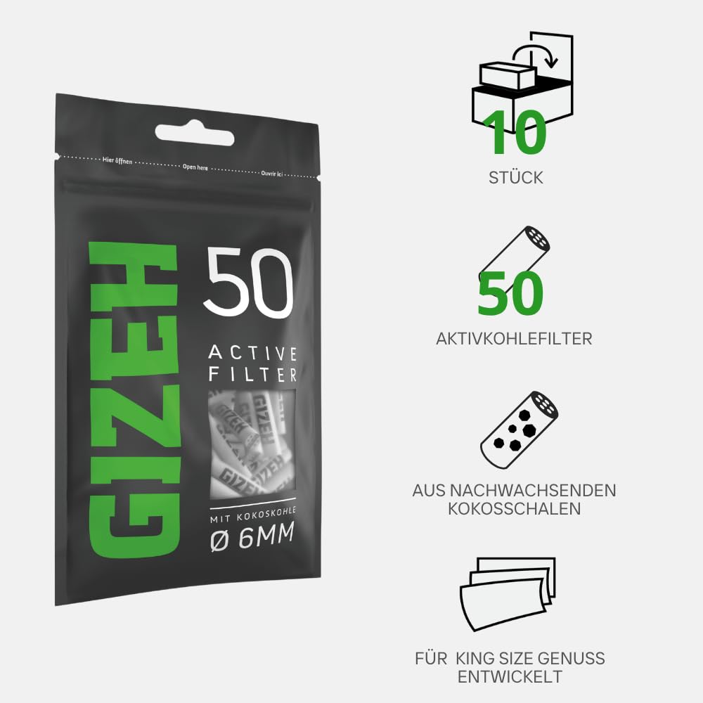 GIZEH BLACK Active Filter – Aktivkohlefilter slim 6 mm Durchmesser – Aktivkohlefilter slim mit Aktivkohle aus Kokosschale – Filter mit 27 mm Länge - 10 Beutel á 50 Filter