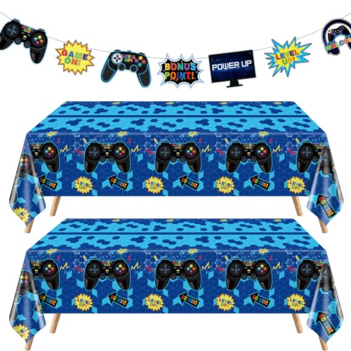 PIXHOTUL 3 Pieces Video Game Theme Party Decors Include Gaming Tablecloths Elements Pennant Banners Decors for Video Game Themed Party, Boys' Birthday