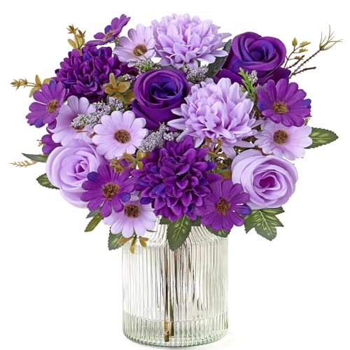 MEIVINES Artificielles Fleurs 2 Faux Soie Bouquet de Fleurs Rose Marguerite pour Fête de Mariage,Centre de Table, Décoration d'Intérieur (Violet, 2PCS)