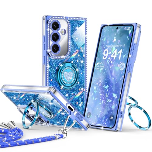 Coque Galaxy S25 antichoc bleue avec support cœur et cordon XYZ