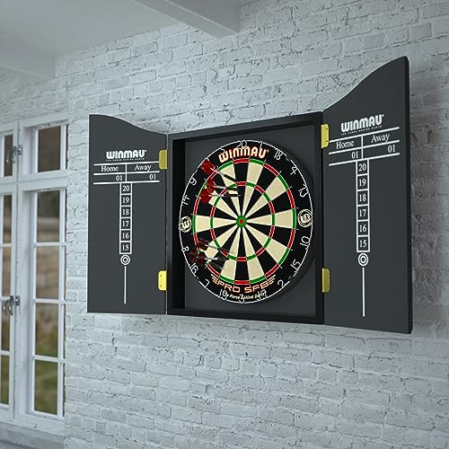 WINMAU Man Cave Complete Dartboard Cabinet Set - Pro-SFB Bristle Dartboard, 2 Sets Steel Tip Darts, Oche Strip & Scorecard, Home Games Room Darts Setup, Black by Winmau - Used condition - Image 5