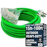 25-ft 14/3 Heavy Duty 3-Outlet Lighted SJTW Indoor/Outdoor Extension Cord by Watt's Wire - Green 25' 14-Gauge Grounded 15-Amp Three-Prong Power-Cord (25 foot 14-Awg)