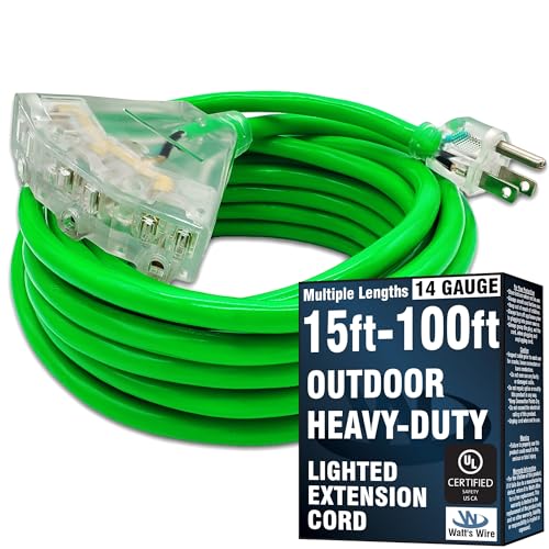 25 ft Outdoor Extension Cord Waterproof - 14 Gauge Heavy Duty Extension Cord 25 ft - Lighted Outdoor Extension Cords with Multiple Outlets - Watts Wire - 25' Grounded - extensiones electricas