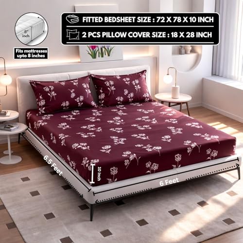 Image of Elastic Fitted King Size Bedsheet Cotton for Double Bed | 72 inchx78 inch +10 Inch, Floral, Soft & Breathable, Fade & Shrink Resistant, 2 Pillow Covers | Ruby Blossom Trail, Wine Maroon