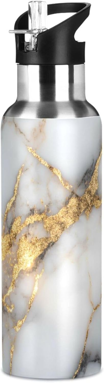 ALAZA White Gold Marble Water Bottle with Straw Lid Vacuum Insulated Stainless Steel Thermo Flask Water Bottle 32oz