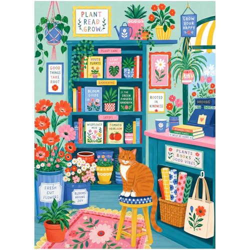 Plant Shop - Libreria da 500 pezzi, puzzle per adulti, colorata scena da giardino con piante d'appartamento, fiori, libri, poster, annaffiatoio, borsa tote e accogliente gatto arancione in brillante