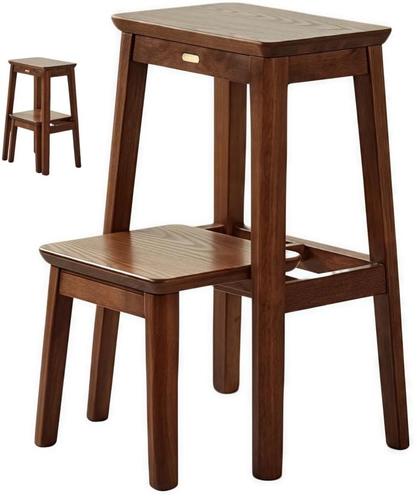 Wooden 2-in-1 Foldable Step Stool Chair Pull-Out Step Ladder Stool Space-Saving Utility Stool for Kitchen Room Closet Office Long-Lasting