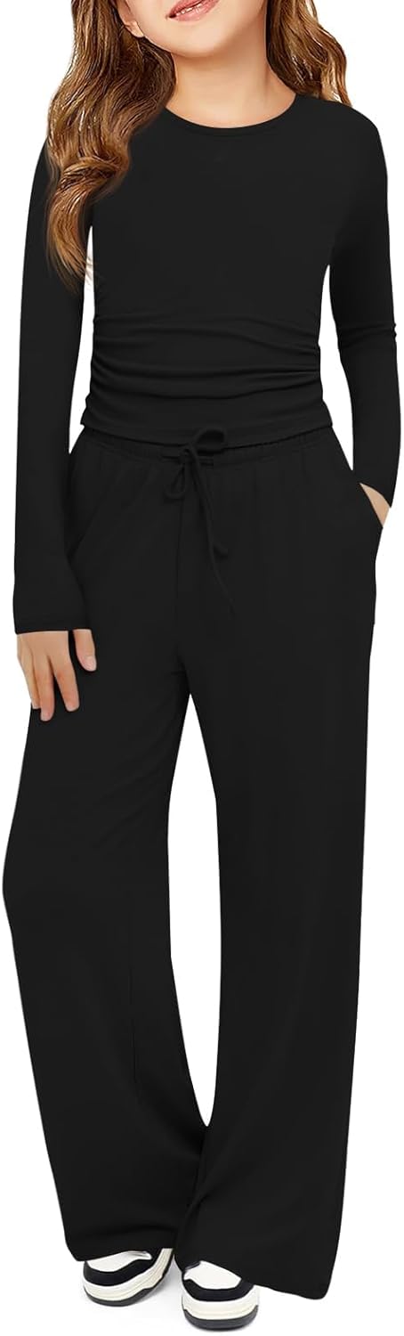 Haloumoning Girls 2 Piece Outfits Kids Ruched Long Sleeve Tops and Wide Leg Pants with Pockets Sweatsuit Clothing Sets