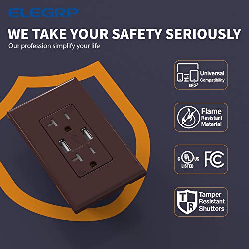 (2 Pack, Glossy Brown) Elegrp Usb Outlet Wall Charger , Dual High Speed 4.0 Amp Usb Ports With Smart Chip, 20 Amp Duplex Tamper Resistant Receptacle Plug Nema 5-20R, Wall Plate Included, Ul Listed #TOP3