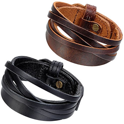 Flongo 2PCS Bracelets Cuir Alliage Homme Garçon Multi-Rangs Manchette Réglable Motard Bijoux Style Classique Punk Rock Cadeau Fantaisie Cover