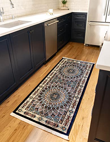 Rugs.com Rabia Collection Rug – 2' 7 x 10' Runner Navy Blue Low Rug Perfect for Hallways, Entryways